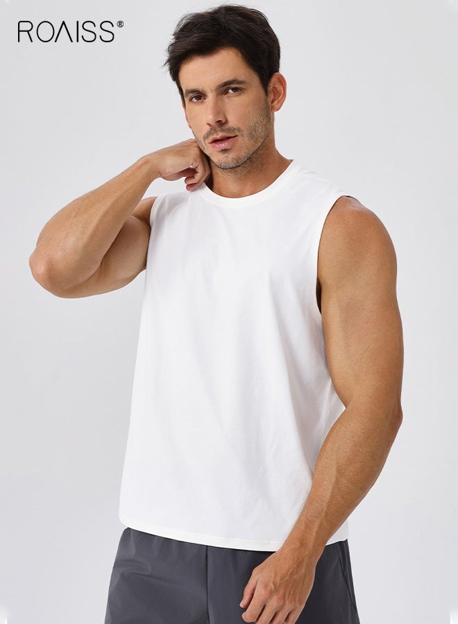 roaiss Men's Sleeveless Athletic Tank Top, Loose Fit Quick Dry Workout Shirt, Moisture Wicking Antibacterial Polyester Muscle Tank with UPF 50+ Sun Protection, Breathable Soft Stretch Sportswear for Gym, Running, Training, Summer Sports, White - Image 1